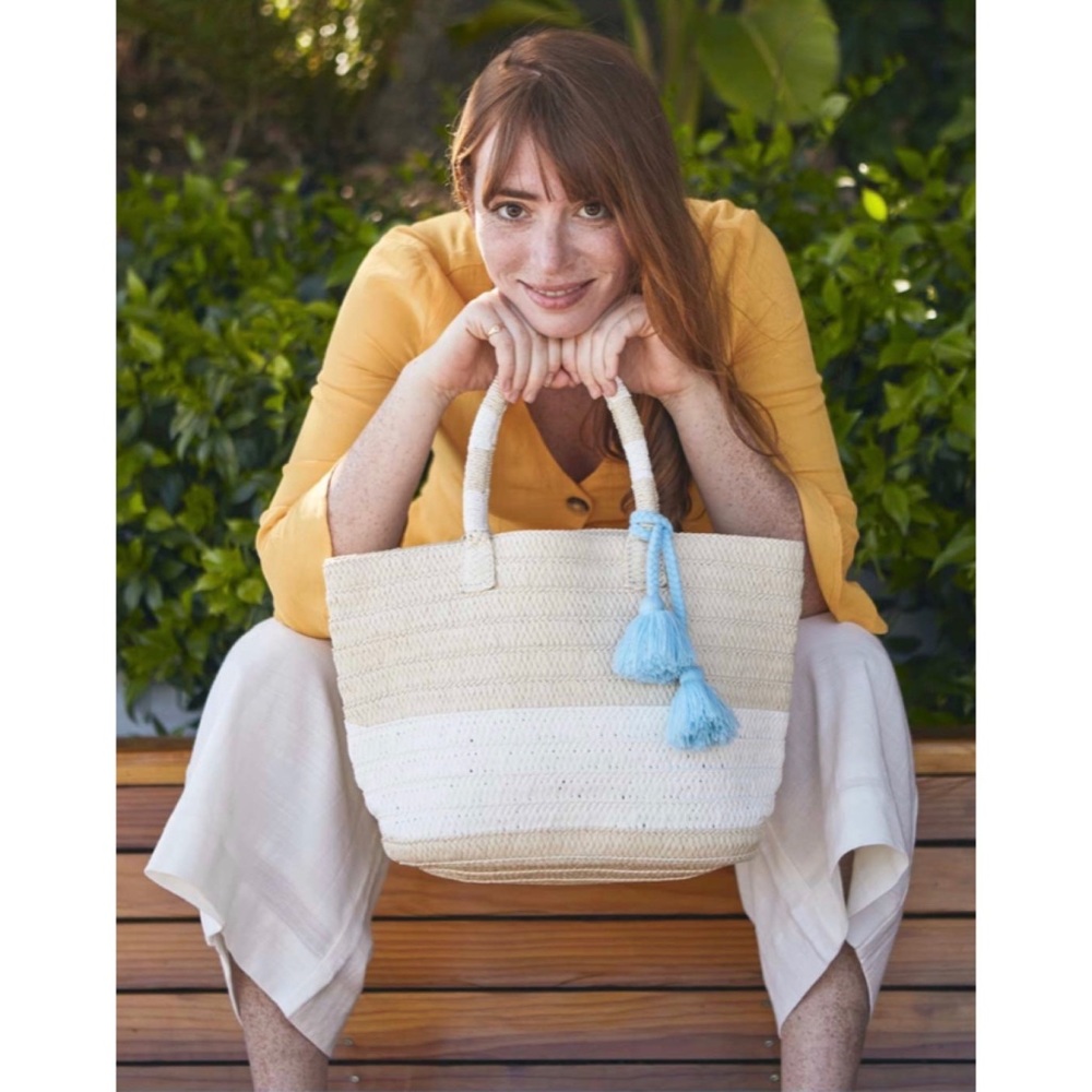 ALTRU straw tote with blue tassel